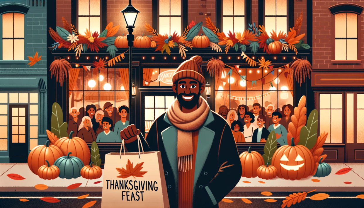 An illustration of a Black man standing outside a bustling restaurant, holding a large paper bag that says "Thanksgiving Feast" on it.