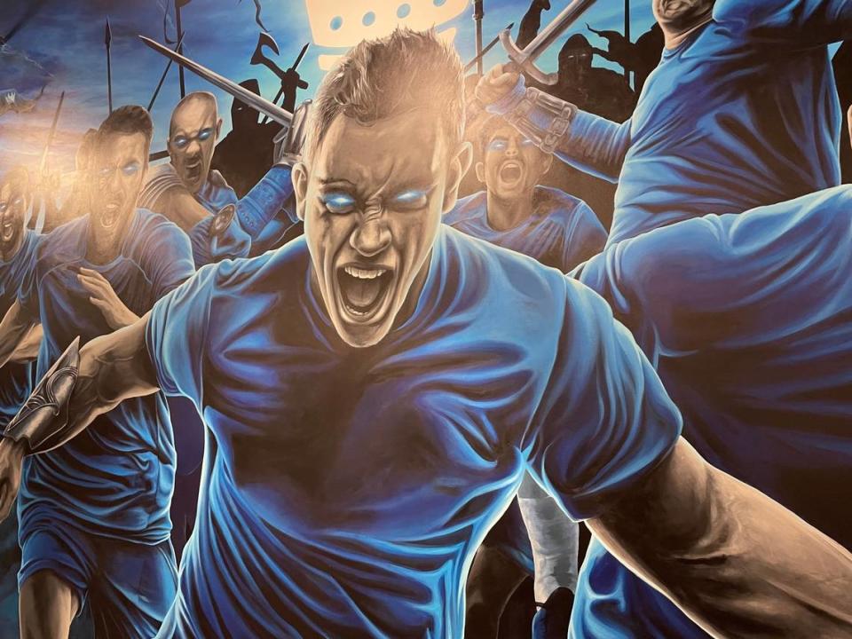 A portion of the sprawling mural in the weight room of the state-of-the-art Charlotte FC practice facility, which was unveiled on Tuesday, Oct. 10, 2023.
