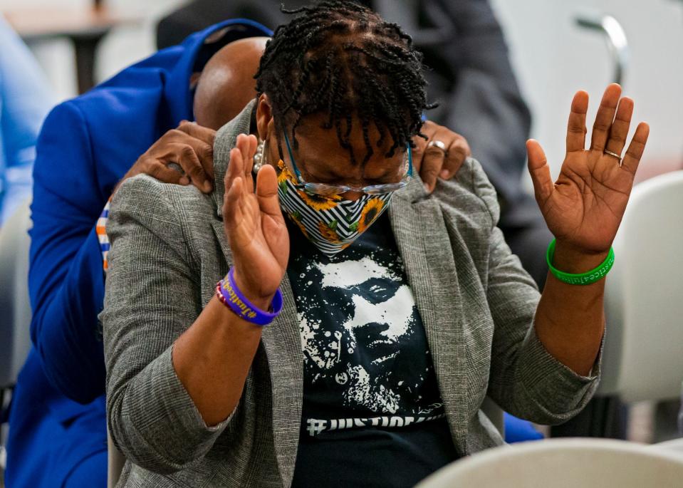 Julius Jones mother Madeline Davis-Jones reacts to the vote during the Julius Jones commutation hearing before the Oklahoma Pardon and Parole Board  at the Kate Barnard Community Corrections Center in Oklahoma City, Okla. on Monday, Sept. 13, 2021. The Oklahoma Pardon and Parole Board voted 3-1 in recommending commutation of Julius Jones' death sentence.