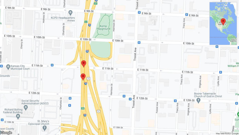 A detailed map that shows the affected road due to 'Warning in Kansas City: Crash reported on eastbound I-70' on October 2nd at 7:08 p.m.