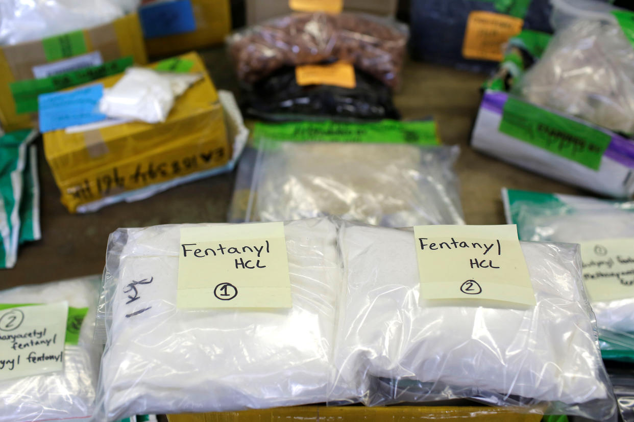 Plastic bags of fentanyl are displayed at a U.S. Customs and Border Protection area at O'Hare International Airport in Chicago. (Photo: Joshua Lott / Reuters)