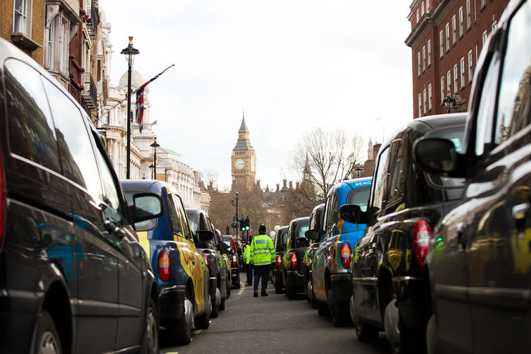 <span class="caption">Stopping traffic: black cab drivers protest against Uber in 2016.</span> <span class="attribution"><a class="link " href="https://www.shutterstock.com/image-photo/london-uk-10-february-2016-thousands-469981658?src=_3W6zpw_UnRLIQ7iITCniw-1-1" rel="nofollow noopener" target="_blank" data-ylk="slk:Dinendra Haria / Shutterstock.com;elm:context_link;itc:0;sec:content-canvas">Dinendra Haria / Shutterstock.com</a></span>