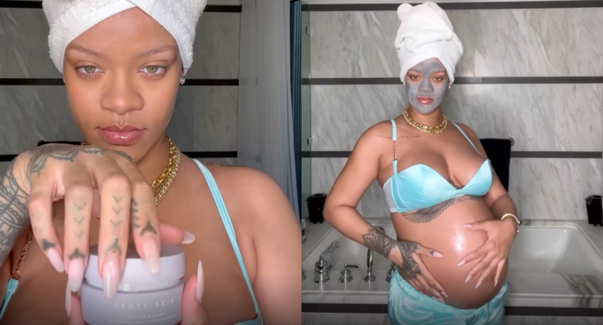 Rihanna shows off her glowing skin and baby bump in a new Instagram video. Images via Instagram/badgalriri.