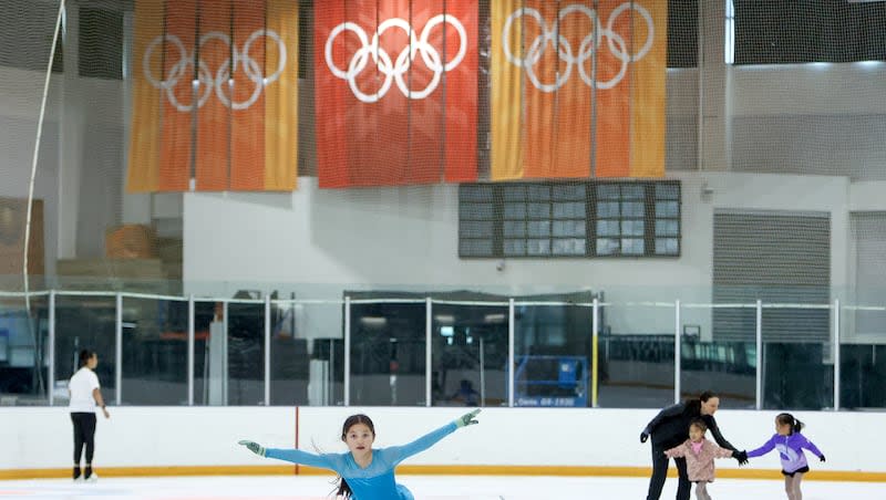 Victoria Upwall, 11, skates at the Utah Olympic Oval in Kearns on Friday, April 12, 2024. Members of the International Olympic Committee’s Future Host Commission, IOC, U.S. Olympic and Paralympic leaders toured the venue in consideration of the 2034 Games.