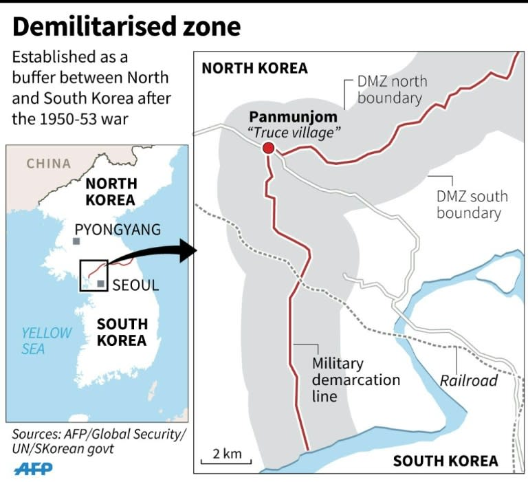 Map showing the demilitarised zone between North and South Korea and the Panmunjom truce village. 90 x 82 mm