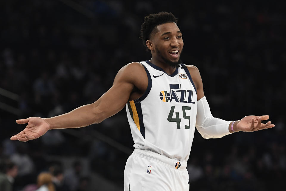 Utah Jazz guard Donovan Mitchell (45) reacts during the first half of the team's NBA basketball game against the New York Knicks in New York, Wednesday, March 4, 2020. (AP Photo/Sarah Stier)