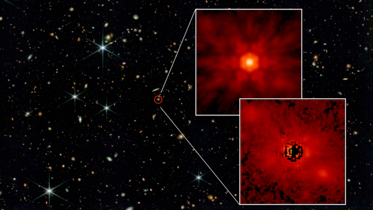  A James Webb Space Telescope image of the quasar J0148 and the supermassive balck hole at its heart. 