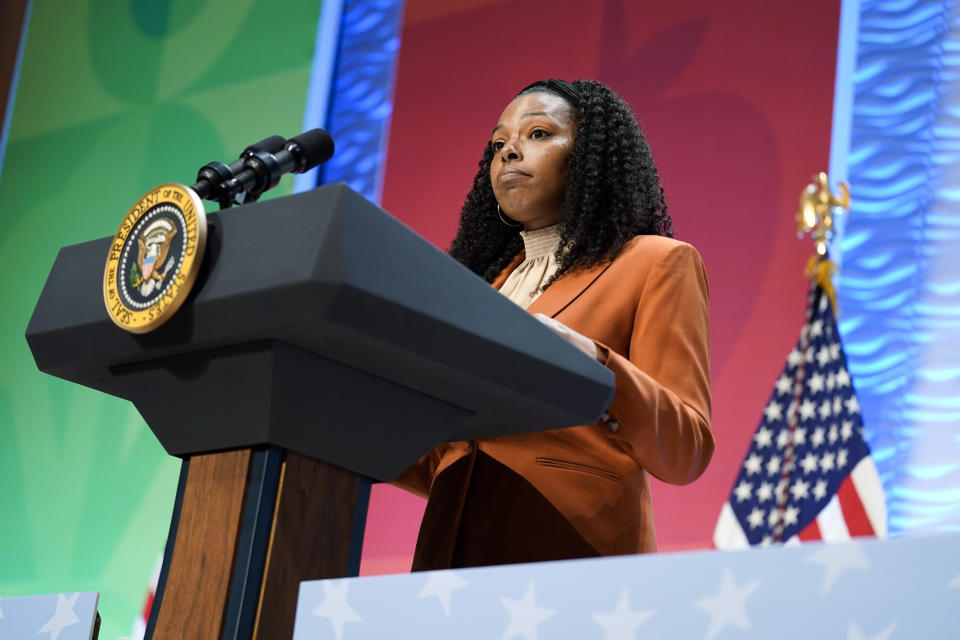 Jimmieka Mills, co-founder of Equitable Spaces, speaks during the White House Conference on Hunger, Nutrition, and Health, at the Ronald Reagan Building, Wednesday, Sept. 28, 2022, in Washington. (AP Photo/Evan Vucci)