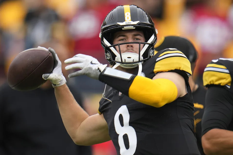 Pittsburgh Steelers quarterback Kenny Pickett (8) warm ups before an NFL football game against the San Francisco 49ers in Pittsburgh, Sunday, Sept. 10, 2023. (AP Photo/Gene J. Puskar)