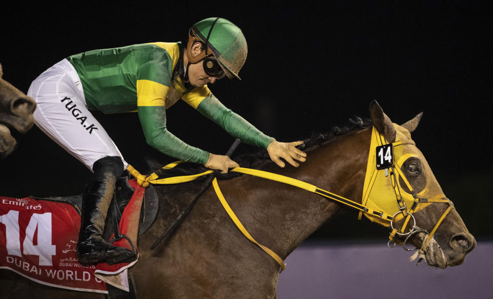 Jockey Yuga Kawada pats Ushba Tesoro after winning the $12 million Group 1 Dubai World Cup over 2000m (10 furlongs) at the Meydan racecourse in Dubai, United Arab Emirates, Saturday, March 25, 2023. (AP Photo/Martin Dokoupil)