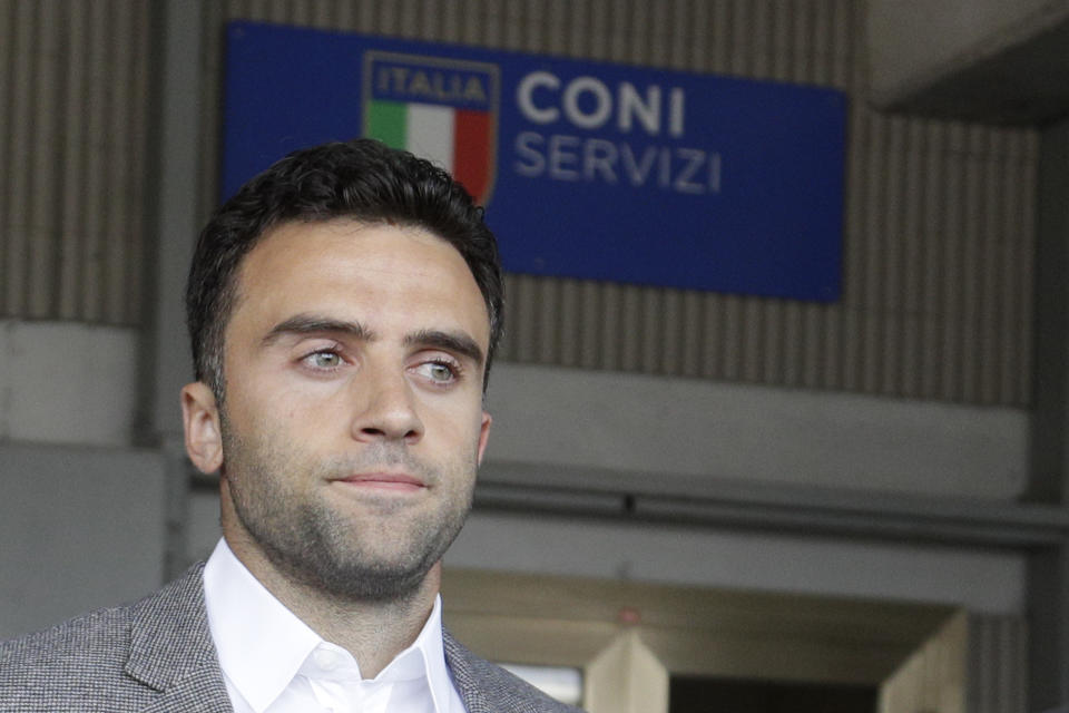 Soccer player Giuseppe Rossi leaves after being heard by a CONI (Italian Olympic committee) anti-doping commission, in Rome, Monday, Oct. 1, 2018. (AP Photo/Andrew Medichini)