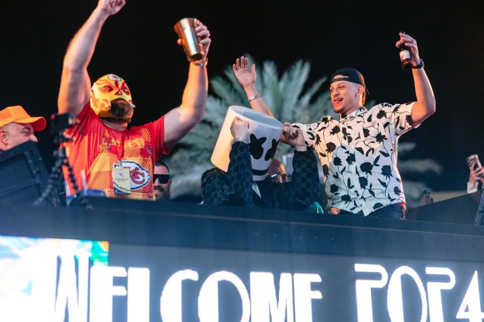 <p>Jason Kelce, Marshmello & Patrick Mahomes</p>