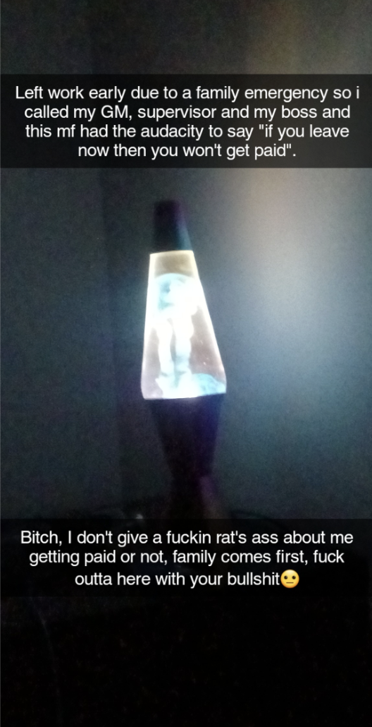 A lava lamp with a screenshot of a text message conversation superimposed on it, expressing a worker's frustration with their boss