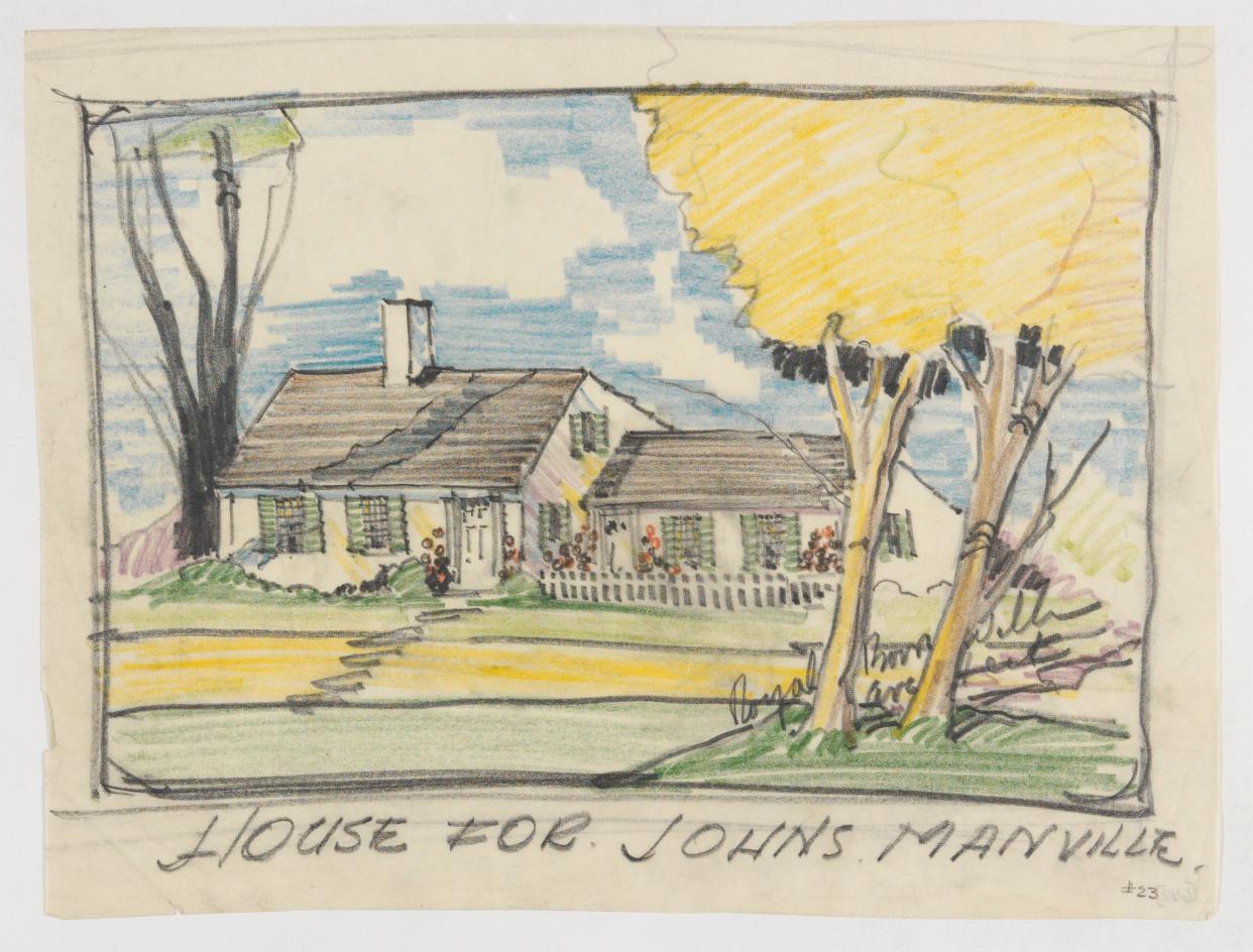 An undated perspectival rendering of a house for Johns Manville, designed and drawn by Royal Barry Wills.