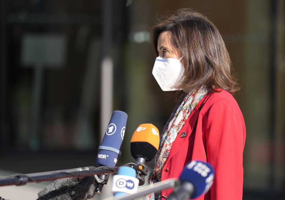 Spain's Defense Minister Maria Margarita Robles Fernandez speaks with the media as she arrives for a meeting of EU defense ministers at the Brdo Congress Center in Kranj, Slovenia, Thursday, Sept. 2, 2021. (AP Photo/Darko Bandic)