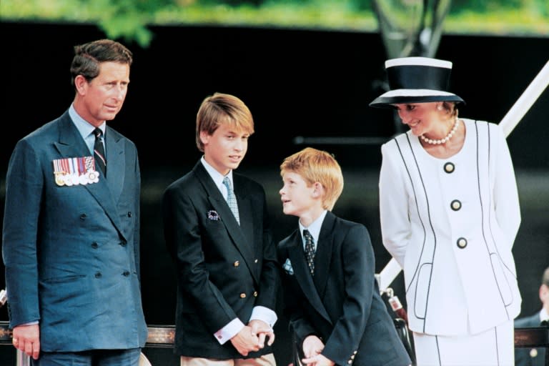 Prince Charles, Princess Diana and their children William and Harry take part in commemorations for VJ Day in London in 1995