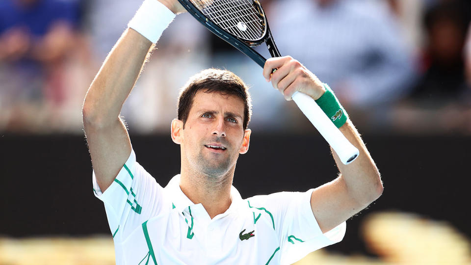 Seen here, Novak Djokovic celebrates his third round win at the Australian Open.