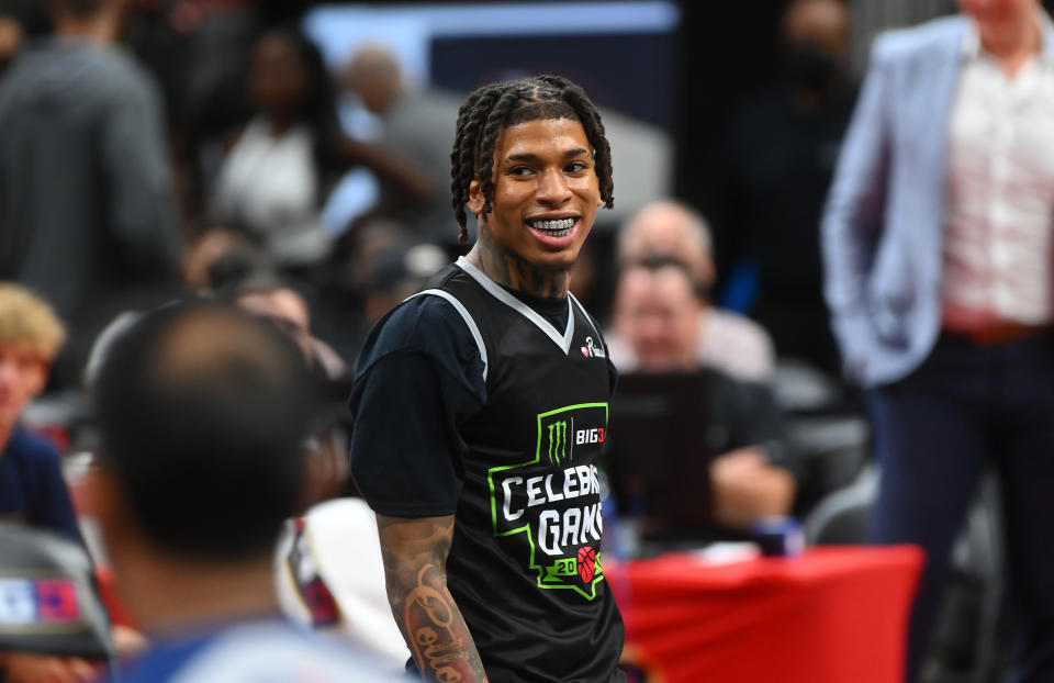 NLE Choppa playing in the Monster Energy BIG3 Celebrity Basketball Game, wearing a Black uniform.
