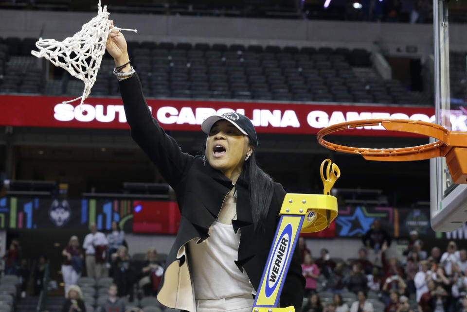 Dawn Staley cuts down the nets after South Carolina won the women’s national championship in April. (AP)