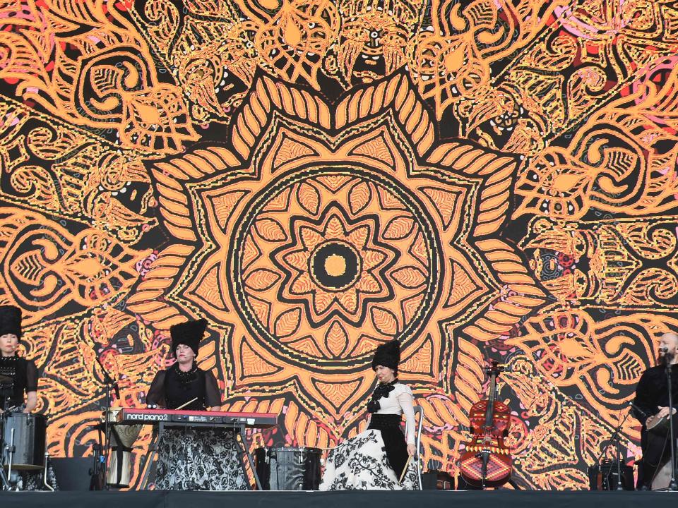 Ukrainian folk band Dakhabrakha perform on the Pyramid Stage at the Glastonbury festival (AFP via Getty Images)