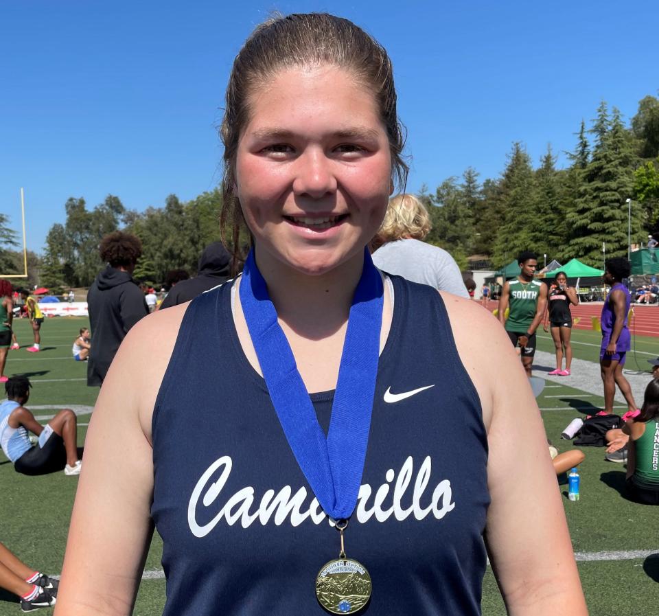 Camarillo's Trinity Tipton won the Division 1 girls discus (138-5) at the CIF-Southern Section Track and Field Championships at Moorpark High on Saturday, May 13, 2023.