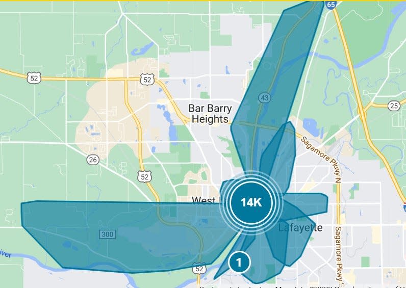 Duke Energy cut off power to about 14,000 customers Wednesday evening in order to repair equipment. This map, used with permission of Duke Energy spokesman, shows the outages. Power is expected to be restored later Wednesday night.