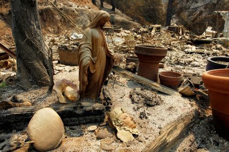 A charred Virgin Mary statue sits in a garden at the site of a destroyed home after the Soberanes Fire burned through the Palo Colorado area, north of Big Sur, California, U.S. July 31, 2016. REUTERS/Michael Fiala