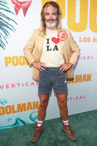 <p>Monica Schipper/Getty</p> Chris Pine at the "Poolman" premiere.