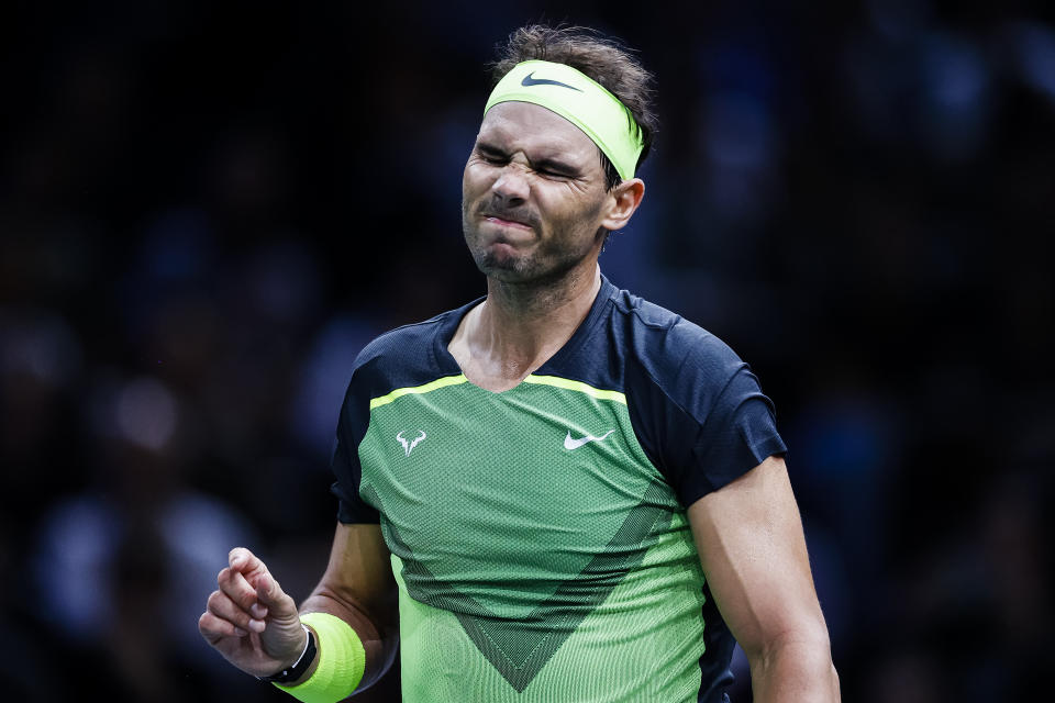 Rafa Nadal, pictured here in action against Tommy Paul at the Paris Masters.