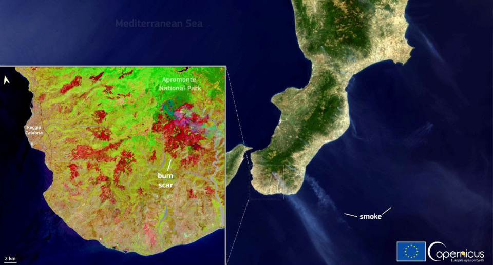 Satellite imagery shows a burn scar caused by wildfires in the Calabria Region of Italy. Source: European Union, Copernicus Sentinel-2 and Sentinel-3 imagery