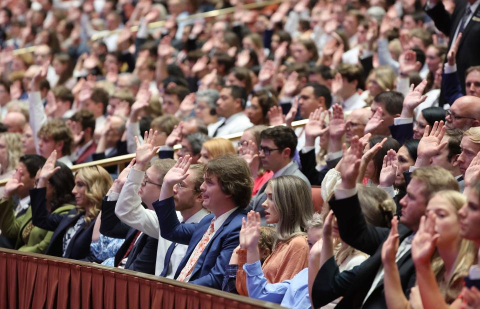Attendees sustain leaders during the 193rd Semiannual General Conference of The Church of Jesus Christ of Latter-day Saints at the Conference Center in Salt Lake City on Saturday, Sept. 30, 2023. | Jeffrey D. Allred, Deseret News