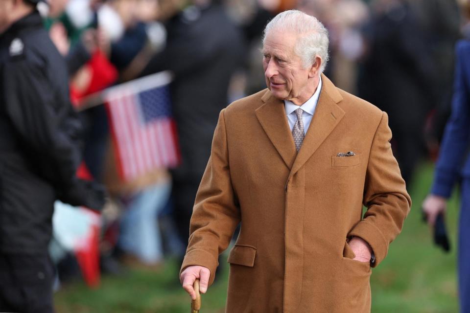 PHOTO: King Charles arrives for the Royal Family's traditional Christmas Day service at St Mary Magdalene Church on the Sandringham Estate in England, Dec. 25, 2023.  (Adrian Dennis/AFP via Getty Images)