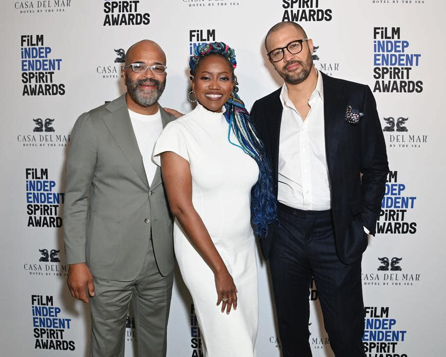 (Left to Right) Jeffrey Wright, Erika Alexander and Cord Jefferson attend the Film Independent Spirit Awards Nominee Brunch at Hotel Casa del Mar in Santa Monica. (Jon Kopaloff/Getty Images for Film Independent Spirit Awards Nominee Brunch)