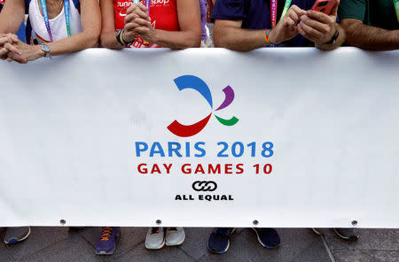 People attend the inauguration of the Gay Games village at the Hotel de Ville city hall in Paris, France, August 4, 2018. REUTERS/Regis Duvignau
