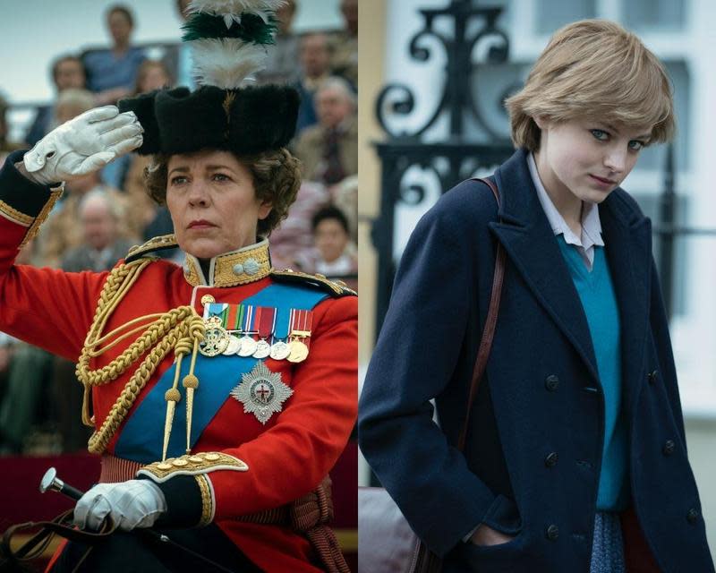 《王冠》第4季飾演英國女王的奧莉薇亞柯爾曼（左），與飾演戴安娜王妃的艾瑪柯琳，同時入圍劇情類最佳女主角，形成「婆媳大戰」。（Netflix提供）