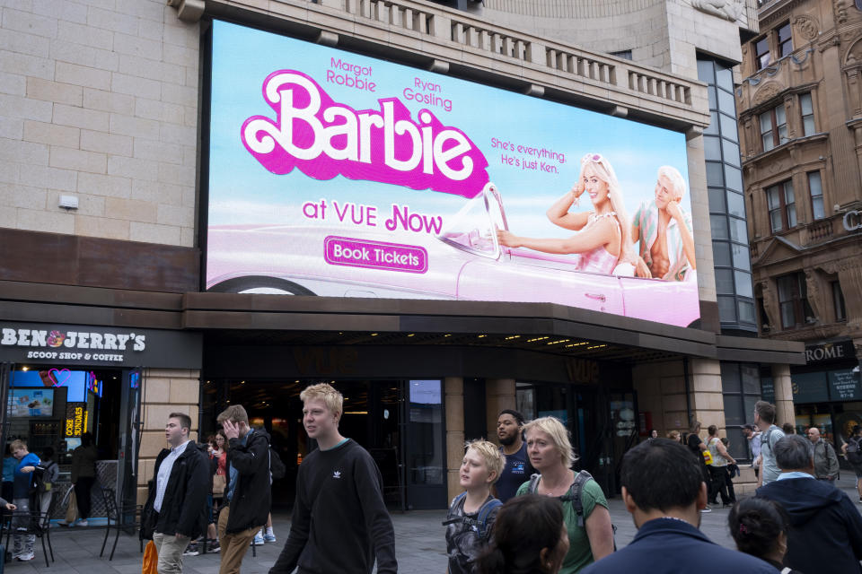 Screen advertising for the film Barbie in Leicester Square at the Vue cinema on 14th August 2023 in London, United Kingdom. Barbie is an American fantasy comedy film directed by Greta Gerwig based on the Barbie fashion dolls by Mattel. (photo by Mike Kemp/In Pictures via Getty Images)