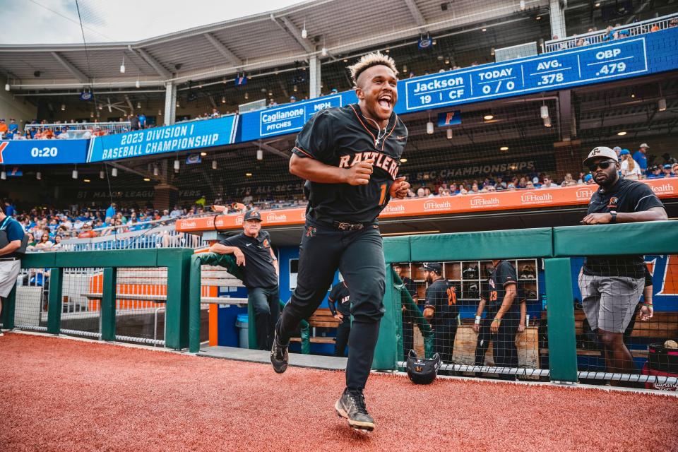 Florida A&M baseball outfielder Ty Jackson runs onto the field as the Rattlers warm up for the NCAA Tournament Gainesville Regional against Florida at Condron Family Ballpark in Gainesville, Florida, Friday, June 2, 2023