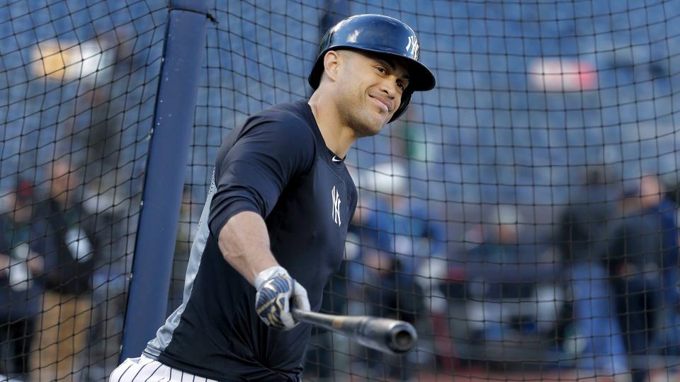 Mandatory Credit: Photo by Seth Wenig/AP/Shutterstock (10436430c)New York Yankees right fielder Giancarlo Stanton prepares to take batting practice before Game 1 of an American League Division Series baseball game against the Minnesota Twins, in New YorkALDS Twins Yankees Baseball, New York, USA - 04 Oct 2019.