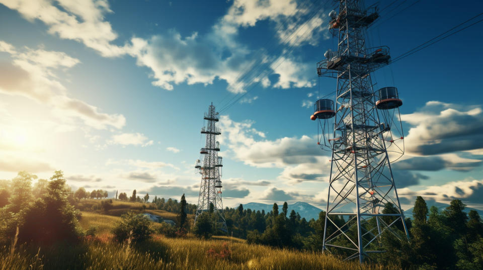 A close-up view of telecommunications infrastructure towers, emitting radio signals across vast rural landscapes.