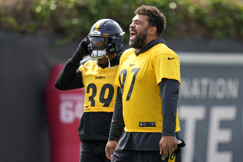 Pittsburgh Steelers Cam Hayward, right, and Minkah Fitzpatrick (39) participate during NFL football practice in Pittsburgh Tuesday, May 23, 2023. (AP Photo/Gene J. Puskar)