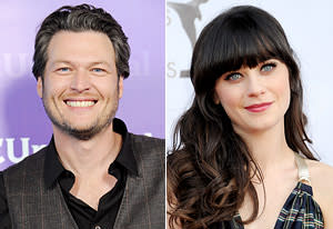 Blake Shelton, Zooey Deschanel | Photo Credits: Jon Kopaloff/FilmMagic, Gregg DeGuire/FilmMag