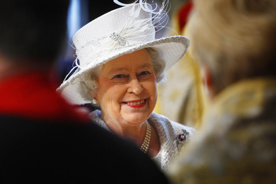 Britain's Queen Elizabeth smiles arrives for the service of celebration to mark the diamond wedding anniversary of Queen Elizabeth II and the Duke of Edinburgh at Westminster Abbey, London.   (Photo by Kieran Doherty - PA Images/PA Images via Getty Images)