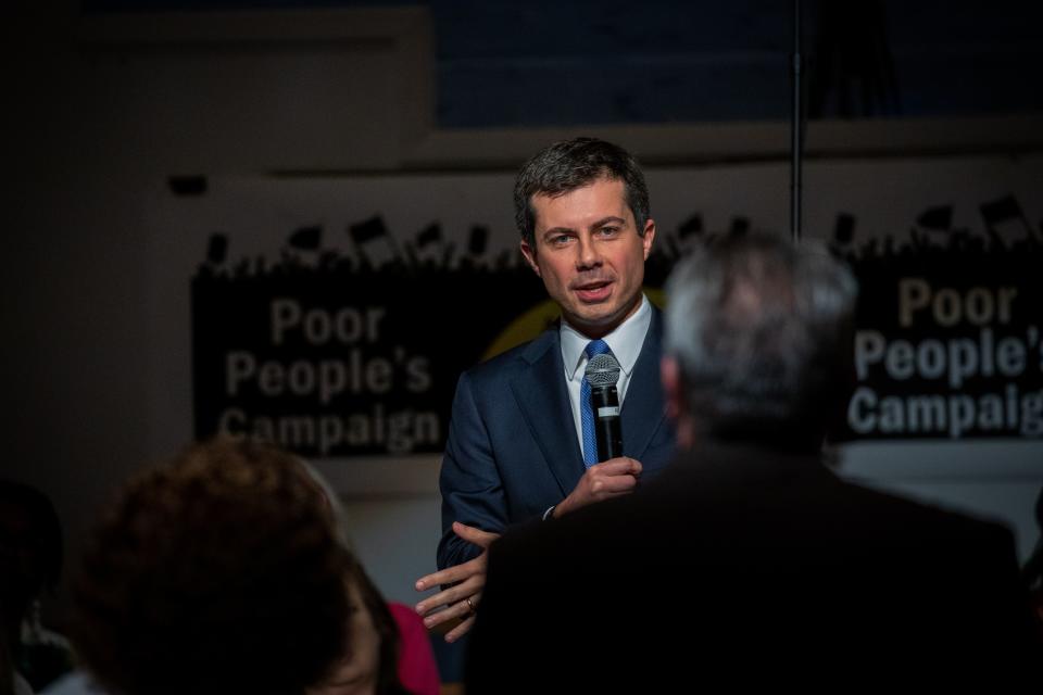 South Bend, Indiana mayor and Democratic presidential candidate, Pete Buttigieg, takes part in a discussion about how to address poor America during a Sunday morning service at Greenleaf Christian Church in Goldsboro, North Carolina on December 1, 2019. (Photo by Logan Cyrus / AFP) (Photo by LOGAN CYRUS/AFP via Getty Images)