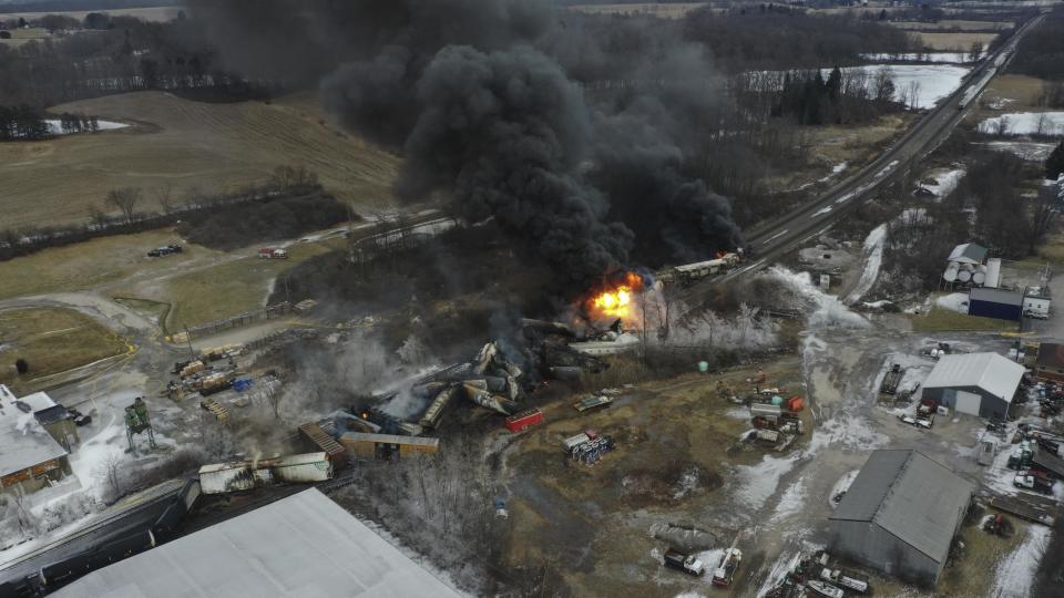 This photo taken with a drone shows portions of a Norfolk and Southern freight train that derailed Friday night in East Palestine, Ohio are still on fire at mid-day Saturday, Feb. 4, 2023. / Credit: Gene J. Puskar / AP