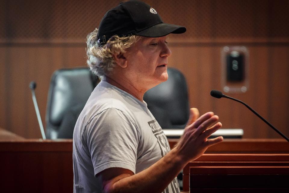 Subculture Group owner Rodney Mayo speaks at the city commission meeting at city hall in downtown West Palm Beach, Fla, on April 17, 2023.