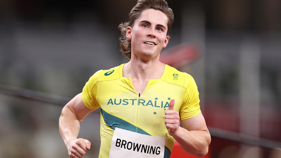 Rohan Browning, pictured here after winning his 100m heat at the Tokyo Olympics.