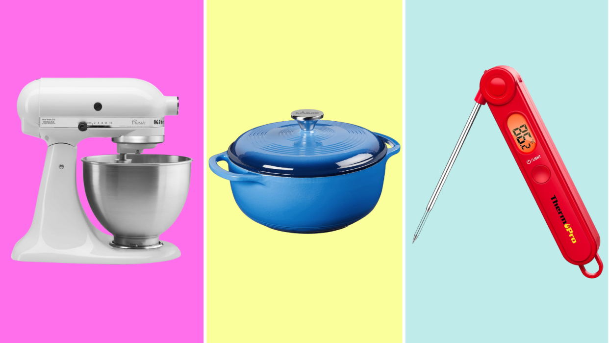 Kitchen Deals: a white KitchenAid stand mixer, blue Lodge Dutch oven and a red meat thermometer on a colorful background