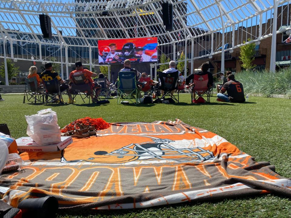 Centennial Plaza in downtown Canton has become a popular spot to watch Cleveland Browns games. Fans are shown at last season's game against the Chicago Bears in September.