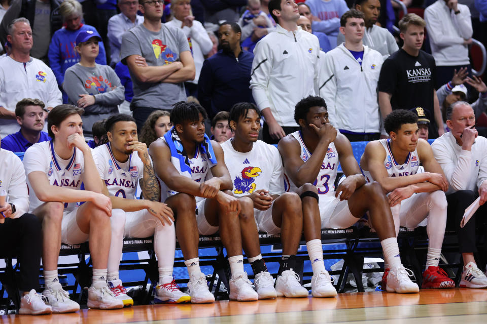 DES MOINES, IOWA - MARCH 18: Members of the Kansas Jayhawks bench look on late in the second half against the Arkansas Razorbacks in the second round of the NCAA Men's Basketball Tournament at Wells Fargo Arena on March 18, 2023 in Des Moines, Iowa. (Photo by Michael Reaves/Getty Images)