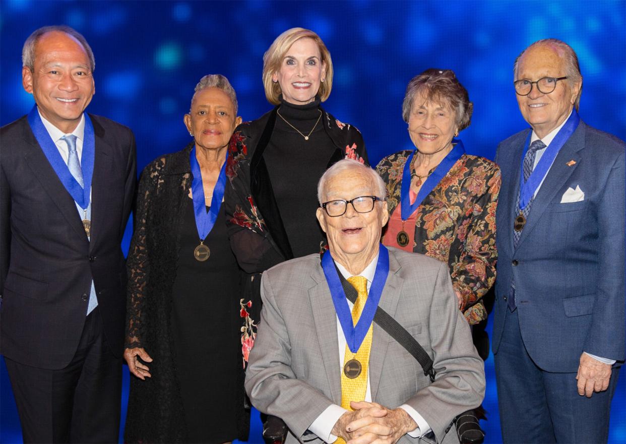 Left to Right: 2023 Wall of Fame honorees Cuong Do, Florence Jones-Kemp, OKCPS Foundation President and CEO Mary MŽlon-Tully, Ray Potts (seated) and Pat Potts and J. Don Harris, D.D.S.at the annual awards ceremony.